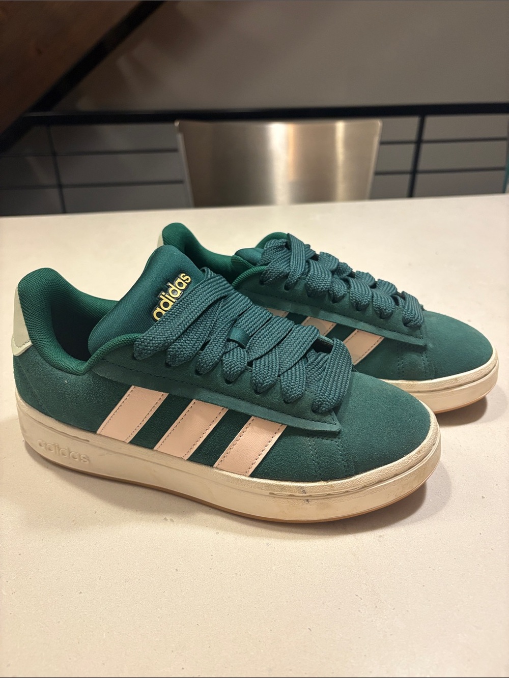 adidas Green Suede Sneakers with pale pink Three-Stripes